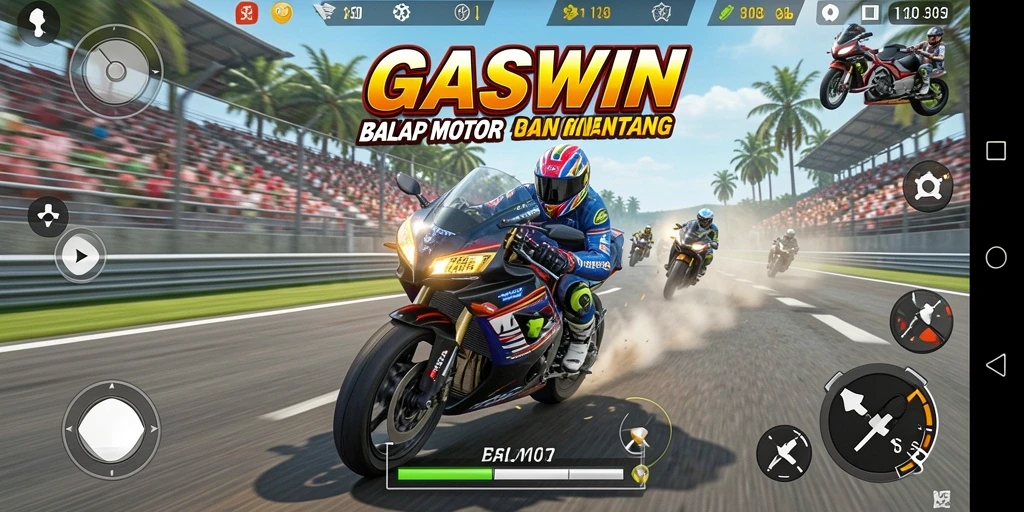Screenshot GASWIN menampilkan aksi balap motor yang intens dan grafis memukau.