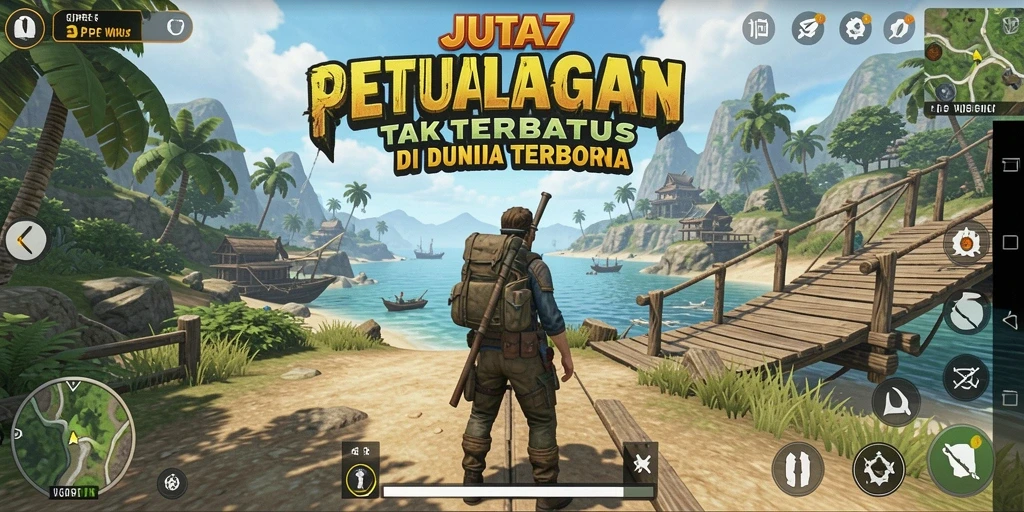 Screenshot utama JUTA7 menunjukkan dunia terbuka yang luas dan indah.